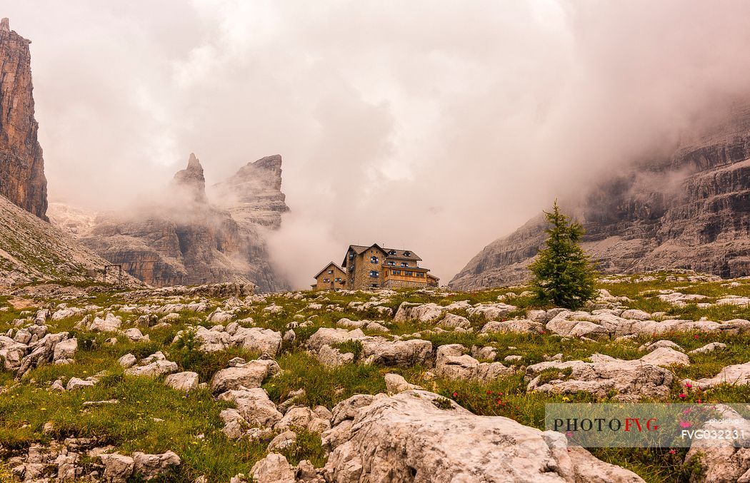 The Rifugio Tuckett Sella hut in the Brenta dolomites, Madonna di Campiglio, Trentino Alto Adige, Italy