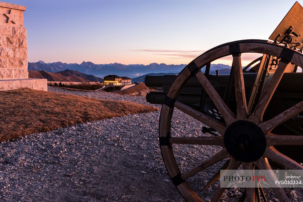 First world war memoria at sunrise from Cima Grappa mount, in the background the Bassano Refuge, Crespano del Grappa, Italy