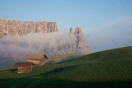 Iconic view of Sciliar Mountain from Seiser alm, dolomites, Italy Iconic view of Sciliar Mountain from Seiser alm, dolomites, Italy