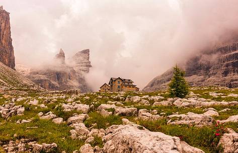 The Rifugio Tuckett Sella hut in the Brenta dolomites, Madonna di Campiglio, Trentino Alto Adige, Italy The Rifugio Tuckett Sella hut in the Brenta dolomites, Madonna di Campiglio, Trentino Alto Adige, Italy