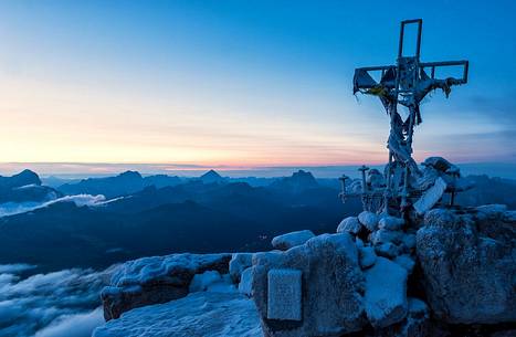 Surnrise from Piz Bo peak in the Sella mountain group, Passo Pordoi  dolomites, Italy