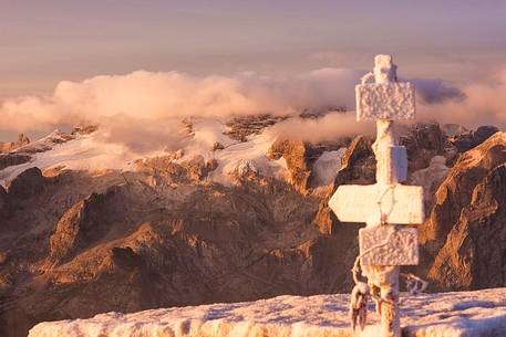 Sunrise from Capanna Piz Fassa towards Marmolada, Passo Pordoi, dolomites, Italy