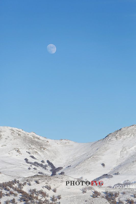 Snow cloaked in white landscape in the Barbagia of Sardinia. 