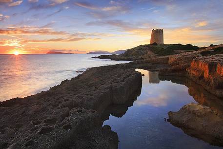 The old tower of Piscinn at sunset, Teulada, Sulcis-Iglesiente, Sardinia, Italy