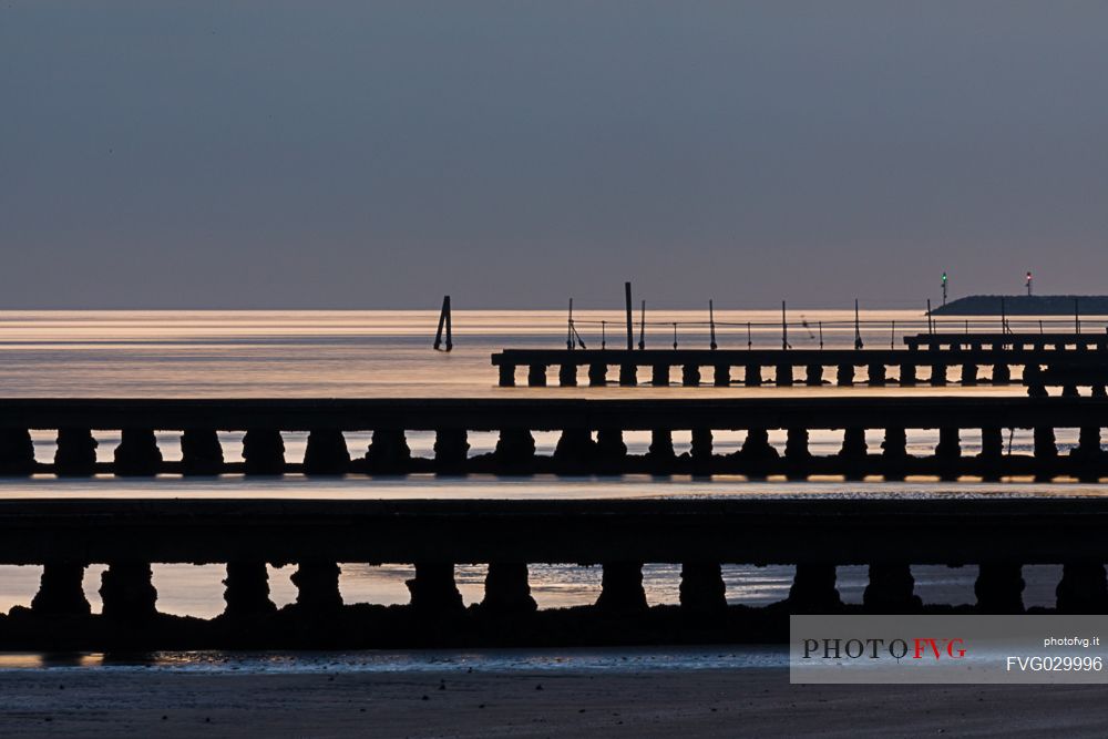 Sunset from breakwater, Lido di Jesolo, Venice, Italy.