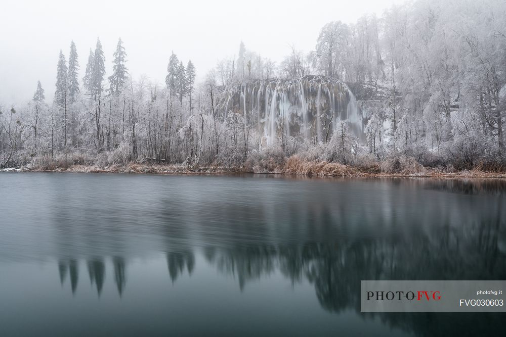 Winter waterfall in Plitvice Lakes National Park, Lika-Senj County, Karlovac County, Croatia.