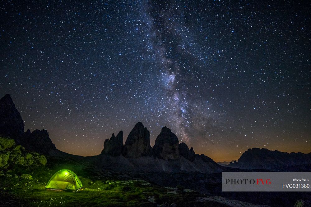 Sleeping under the milky way at the Tre Cime di Lavaredo, Sexten Dolomites,Trentino Alto Adige, Italy