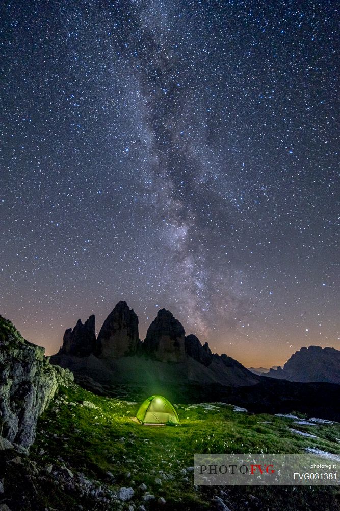 Sleeping under the milky way at the Tre Cime di Lavaredo, Sexten Dolomites,Trentino Alto Adige, Italy