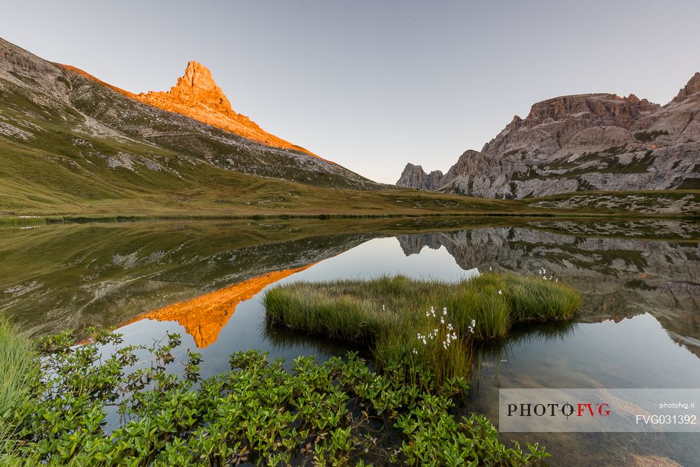 Sunrise at The Laghi dei Piani lake near Tre Cime di Lavaredo peak, Sexten Dolomites, Tre Cime natural park, Italy