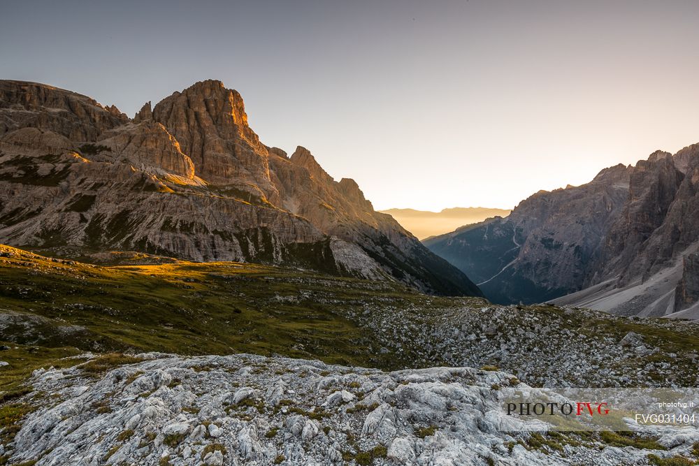 Landscape near Tre Cime di Lavaredo peak towards Pusteria valley, Sexten Dolomites, Tre Cime natural park, Italy