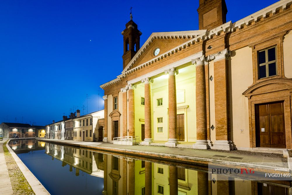 The ancient catholic hospital San Camillo now Delta Antico museum by night, Comacchio, Ferrara, Emilia Romagna, Italy