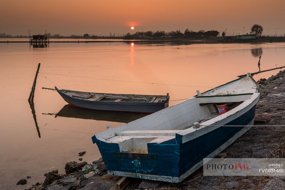 Sunset in the Comacchio lagoon, Ferrara, Emilia Romagna, Italy, 