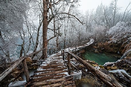 Winter path in Plitvice Lakes National Park, Lika-Senj County, Karlovac County, Croatia.