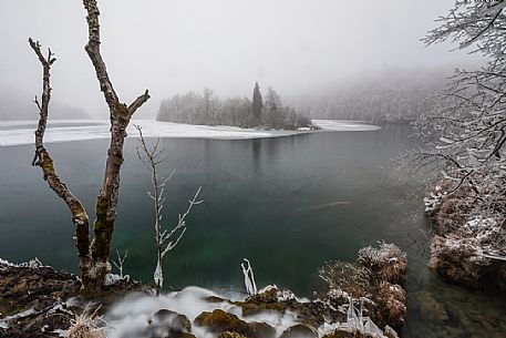 Winter landscape in Plitvice Lakes National Park, Lika-Senj County, Karlovac County, Croatia.