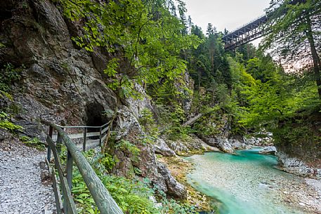 Path in the Slizza gorge or Orrido dello Slizza ,Julian Alps, Tarvisio, Friuli Venezia Giulia, Italy.