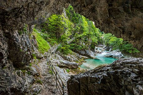Path in the Slizza gorge or Orrido dello Slizza ,Julian Alps, Tarvisio, Friuli Venezia Giulia, Italy.