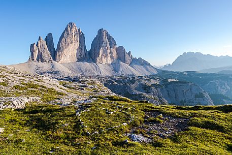 The north faces of the Tre Cime di Lavaredo peak or three peaks of Lavaredo, Sexten Dolomites, Italy