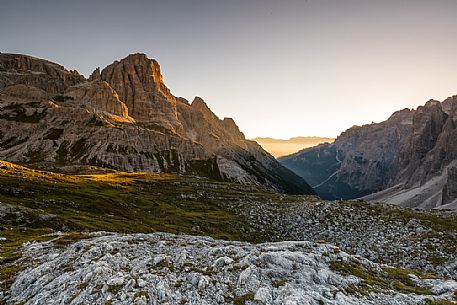 Landscape near Tre Cime di Lavaredo peak towards Pusteria valley, Sexten Dolomites, Tre Cime natural park, Italy