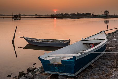 Sunset in the Comacchio lagoon, Ferrara, Emilia Romagna, Italy, 