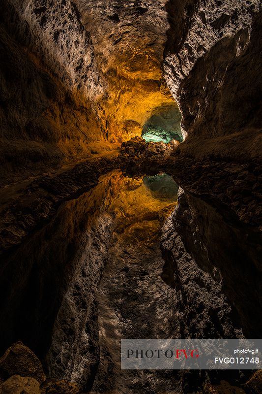 Inside the Cueva de los Verdes, volcanic cave with a small lake, Lanzarote, Canary islands, Spain, Europe
