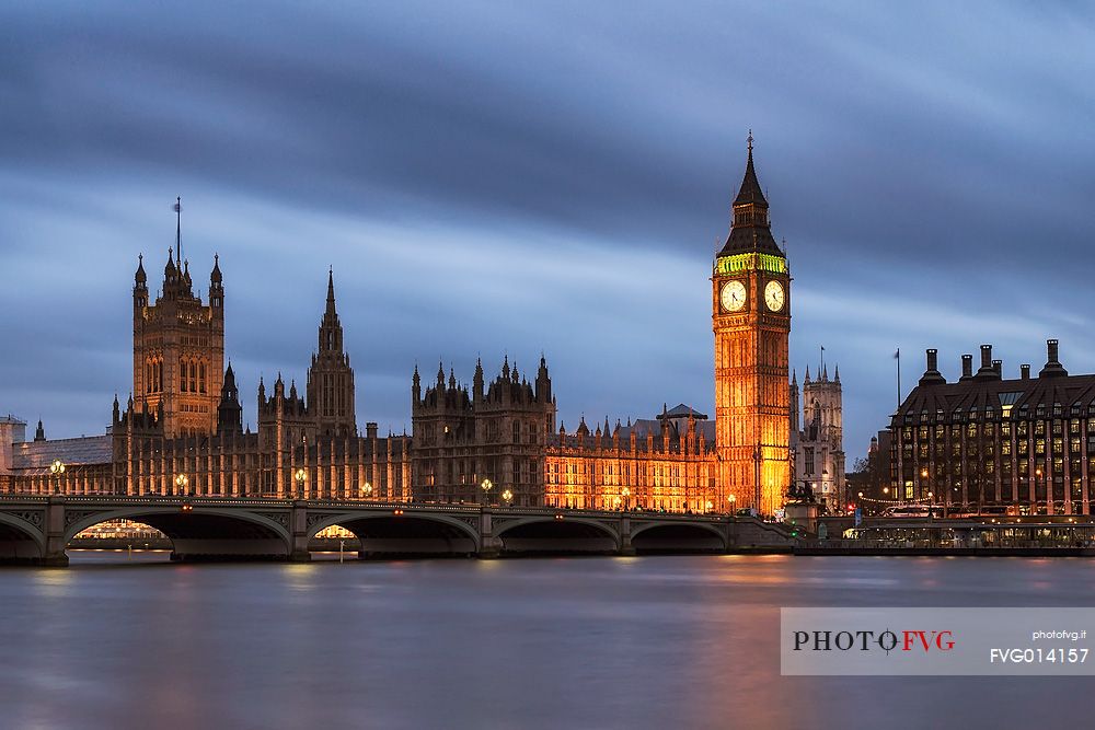 The Big Ben Tower and Westminster Palace or Houses of Parliament at twilight, London, England, United Kingdom, Europe