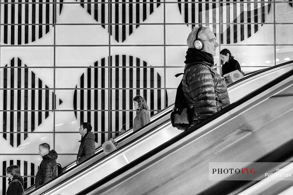 People in the escalator of subway in London, England, United Kingdom, Europe