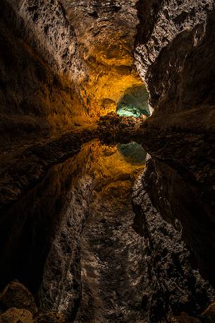 Inside the Cueva de los Verdes, volcanic cave with a small lake, Lanzarote, Canary islands, Spain, Europe