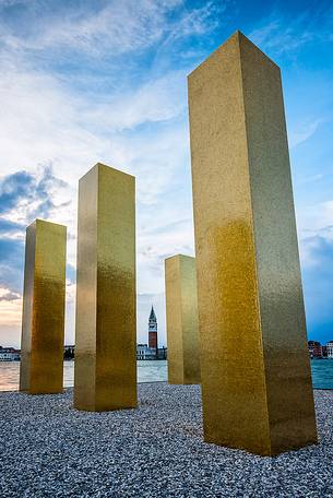 The Sky Over Nine Columns, sculpture of  Heinz Mack, and in the background the Campanile di San Marco bell tower, San Giorgio island, Venice, Italy, Europe