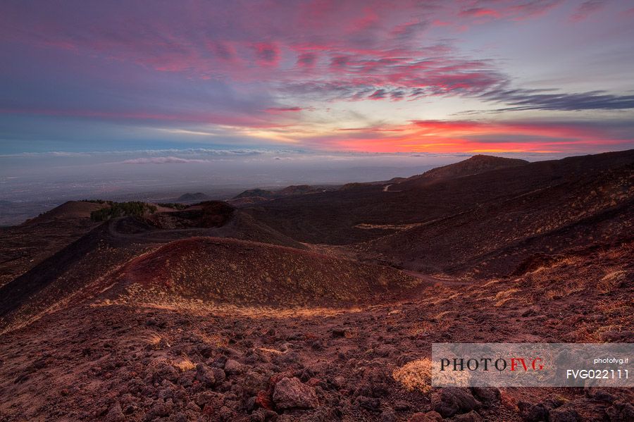 Sunset at the Silvestri Craters of Etna mount, Sicily, Italy