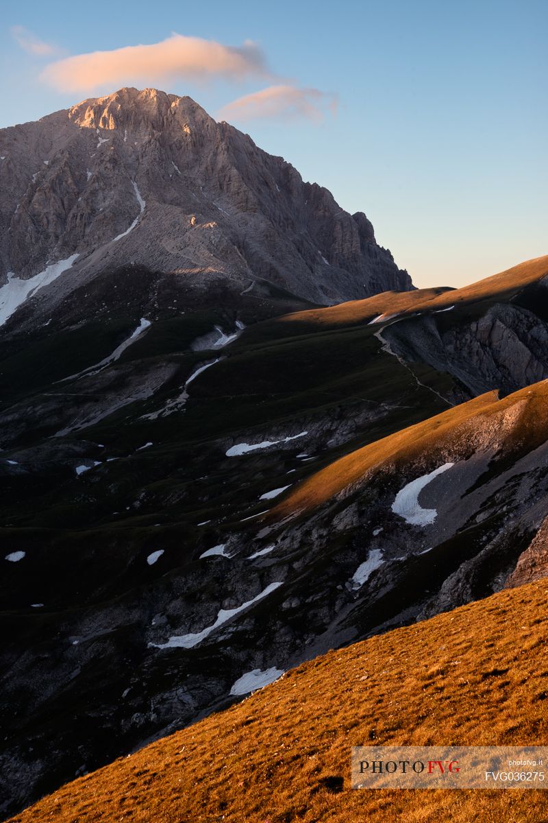 The Great horn or Corno Grande of the Gran Sasso d'Italia mount,  Campo Imperatore, Gran Sasso national park, apennines, Abruzzo, Italy, Europe