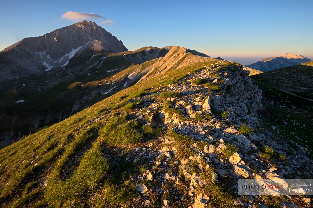 The Great horn or Corno Grande of the Gran Sasso d'Italia mount,  Campo Imperatore, Gran Sasso national park, apennines, Abruzzo, Italy, Europe