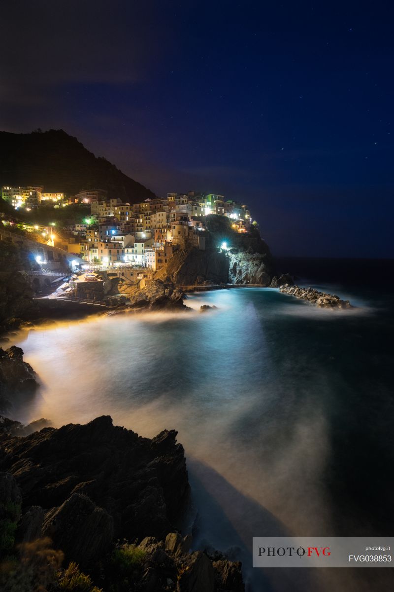 The village of Manarola by night, Cinque Terre, Liguria, Italy, Europe