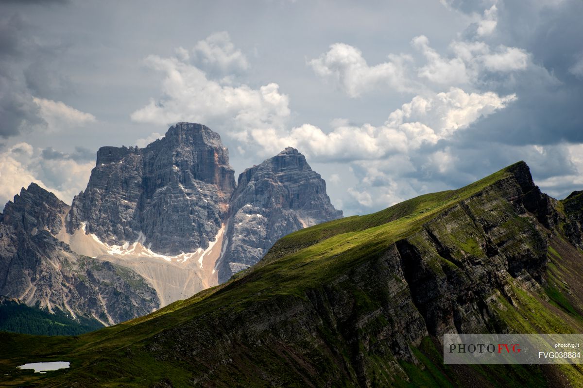 Mondeval and the little Baste lake, in the background the Pelmo peak, dolomites, Veneto, Italy, Europe