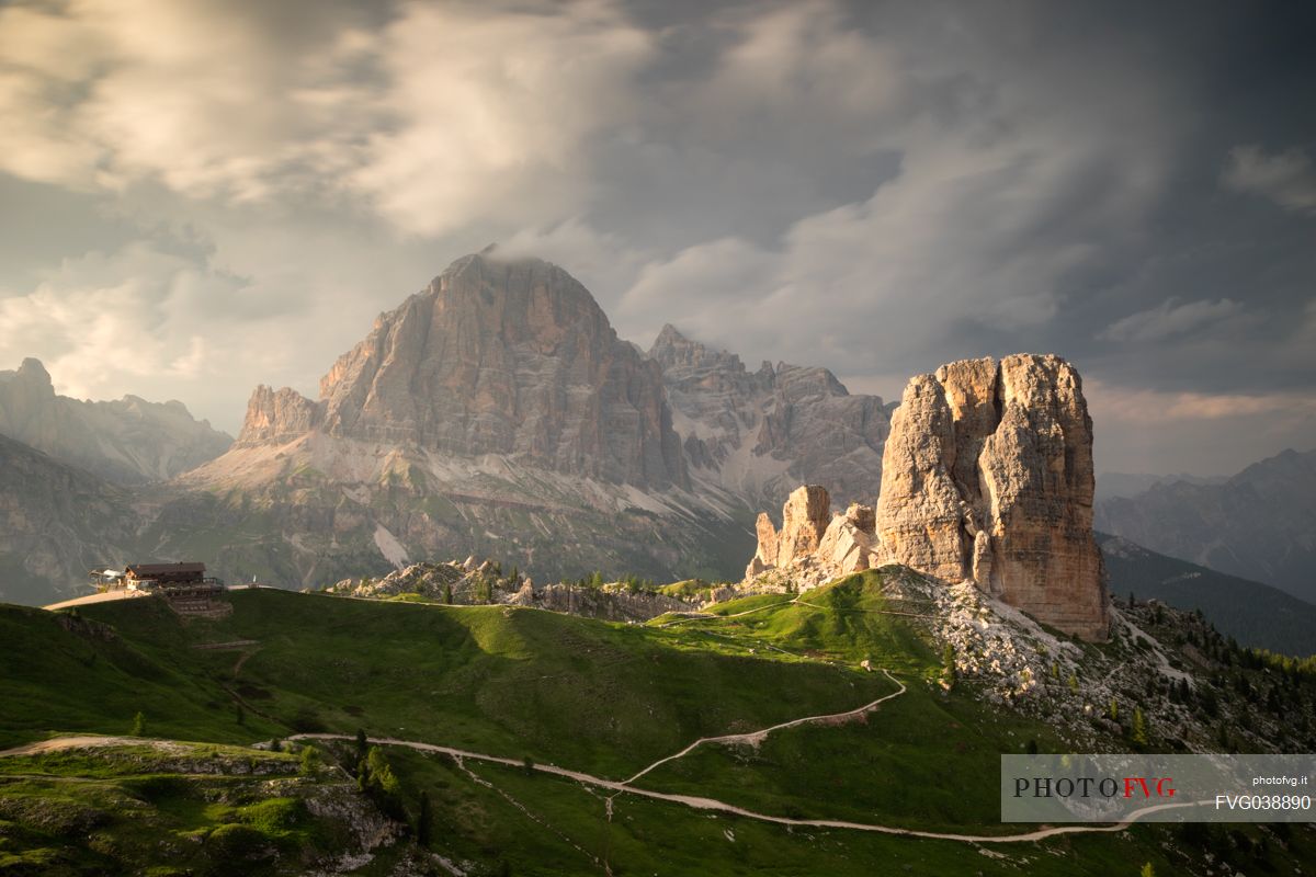 Cinque Torri, Scoiattoli refuge and Tofana di Rozes at sunset, Cortina d'ampezzo, dolomites, Veneto, Italy, Europe