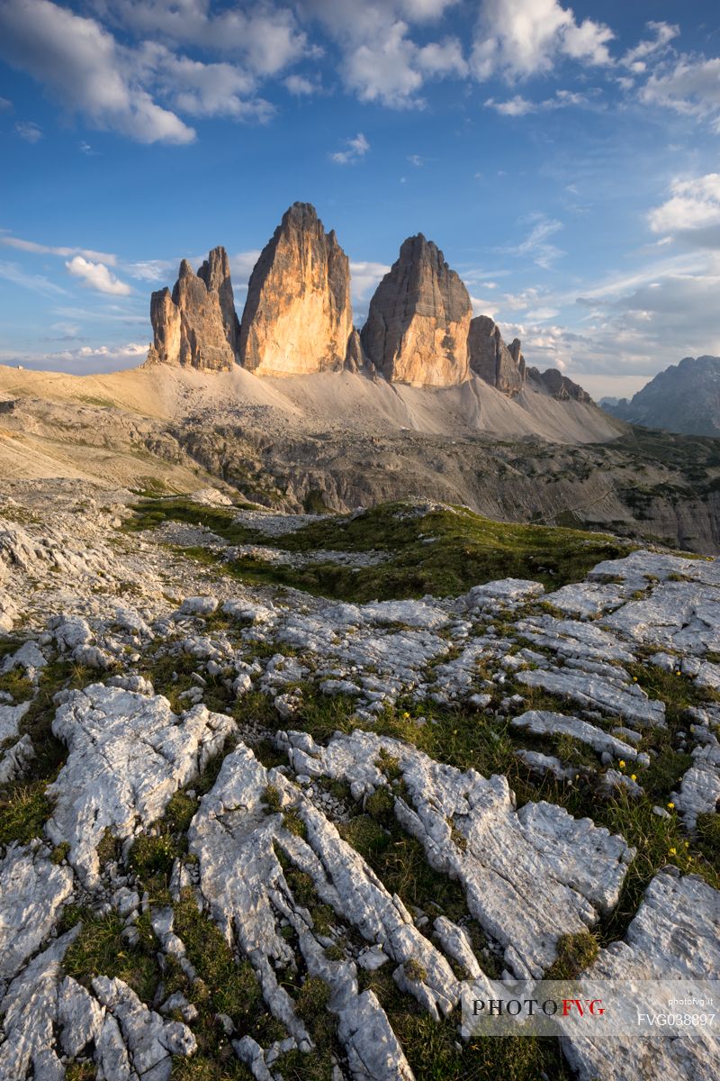 The Tre Cime di Lavaredo peaks at sunset, South Tyrol, dolomites, Italy, Europe