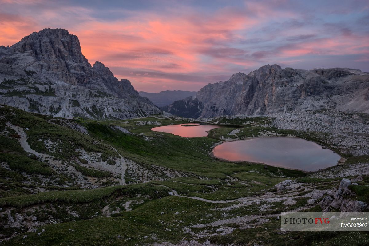 The Piani lakes at sunset, Tre Cime natural park, dolomites, Italy, Europe