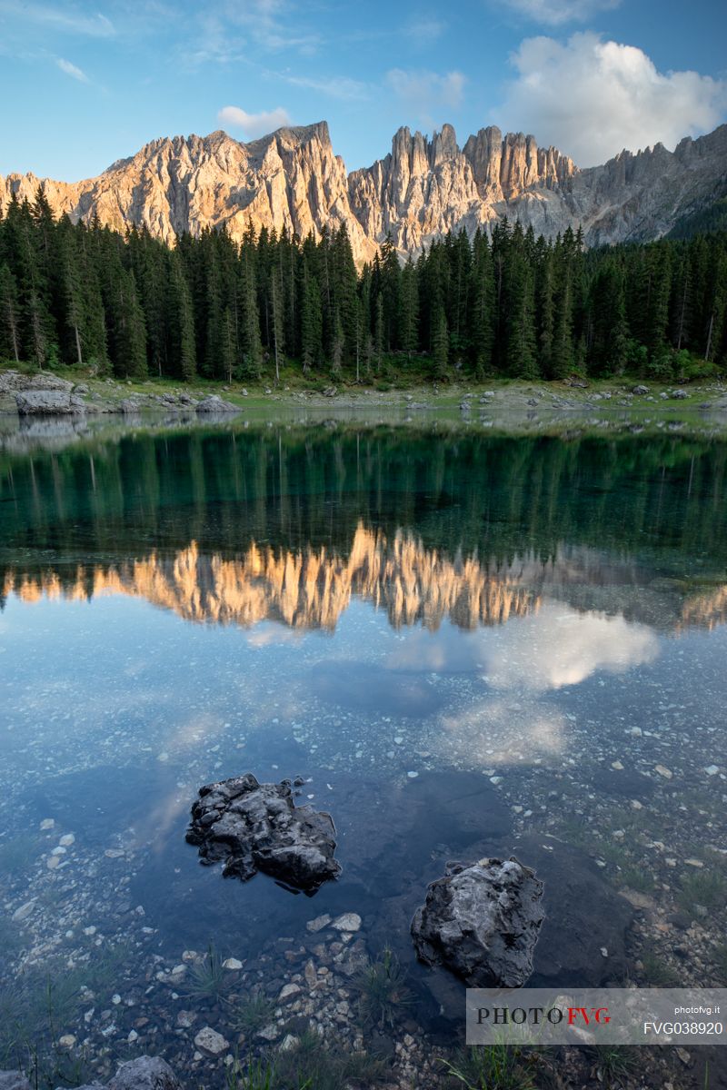 Carezza  lake and the Latemar peak at sunset, val d'Ega, dolomites, South Tyrol, Italy, Europe