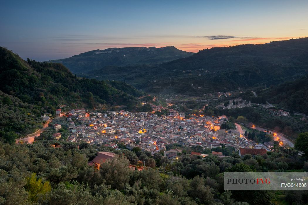 The village of Mammola, characteristic for the stocco fish, at twilight, Aspromonte national park, Reggio Calabria, Calabria, Italy, Europe