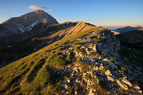 The Great horn or Corno Grande of the Gran Sasso d'Italia mount,  Campo Imperatore, Gran Sasso national park, apennines, Abruzzo, Italy, Europe