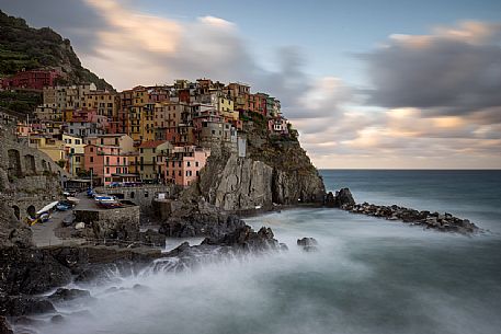 The village of Manarola at sunrise, Cinque Terre national park, Liguria, Italy, Europe