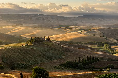 Podere Belvedere in San Quirico d' Orcia at dawn, Orcia valley, Tuscany, Italy, Europe Podere Belvedere in San Quirico d' Orcia at dawn, Orcia valley, Tuscany, Italy, Europe