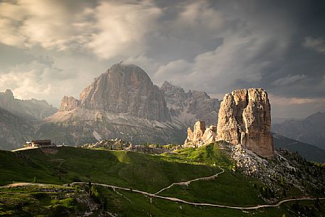 Cinque Torri, Scoiattoli refuge and Tofana di Rozes at sunset, Cortina d'ampezzo, dolomites, Veneto, Italy, Europe