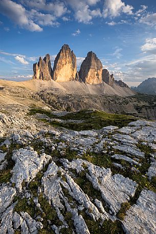 The Tre Cime di Lavaredo peaks at sunset, South Tyrol, dolomites, Italy, Europe