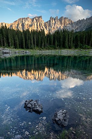 Carezza lake and the Latemar peak at sunset, val d'Ega, dolomites, South Tyrol, Italy, Europe Carezza lake and the Latemar peak at sunset, val d'Ega, dolomites, South Tyrol, Italy, Europe