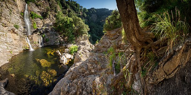 A horizontal overview of the Forgiarelle Falls, the most beautiful waterfalls in the Aspromonte massif, Aspromonte national park, Calabria, Italy, Europe A horizontal overview of the Forgiarelle Falls, the most beautiful waterfalls in the Aspromonte massif, Aspromonte national park, Calabria, Italy, Europe