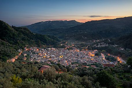 The village of Mammola, characteristic for the stocco fish, at twilight, Aspromonte national park, Reggio Calabria, Calabria, Italy, Europe