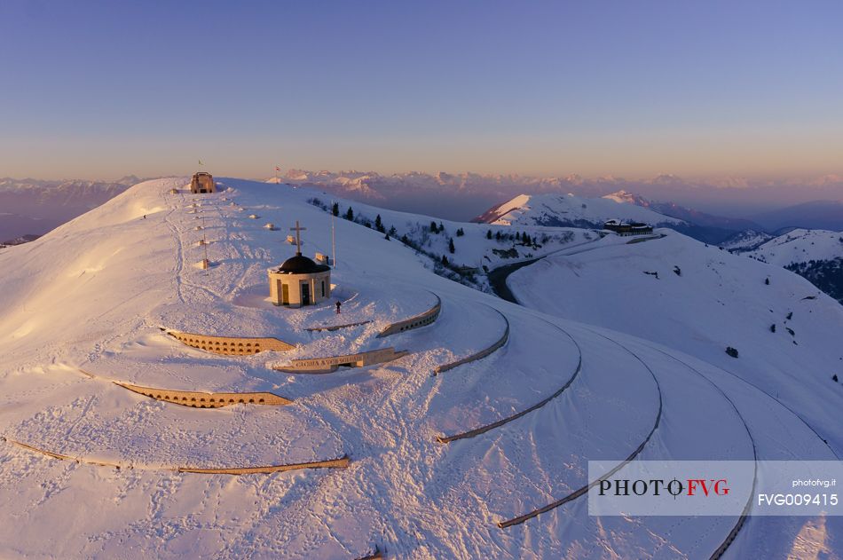 Ossuary to the fallen of Cima Grappa in the depths of winter at sunset