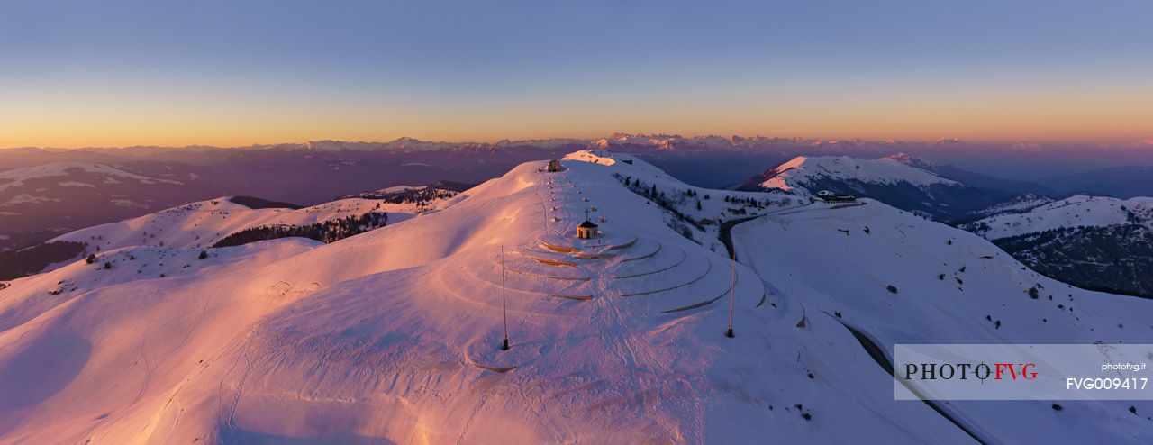 Ossuary to the fallen of Cima Grappa in the depths of winter at sunset