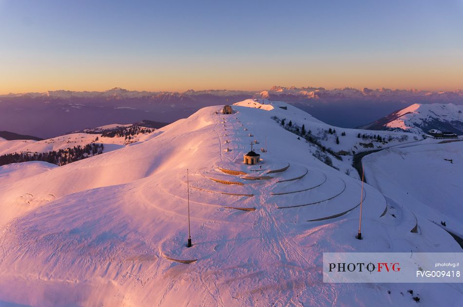 Ossuary to the fallen of Cima Grappa in the depths of winter at sunset