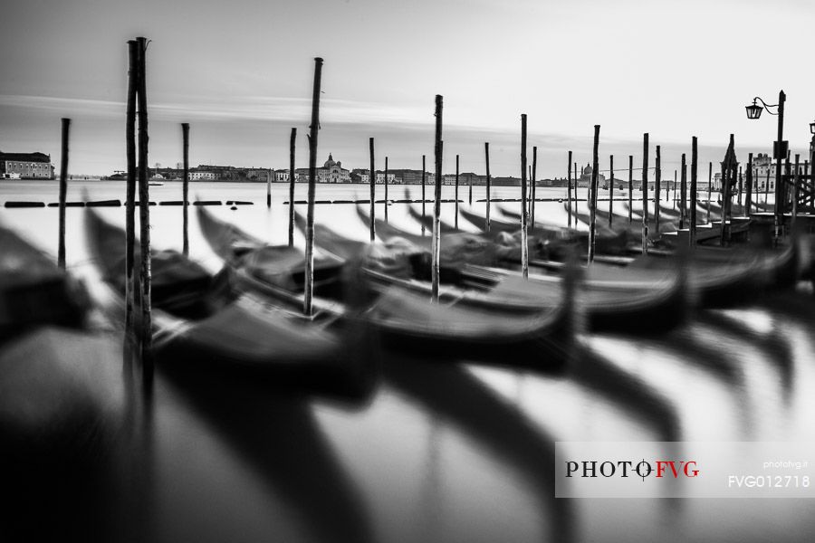 Gondolas at sunset, in the background the Church of San Giorgio Maggiore